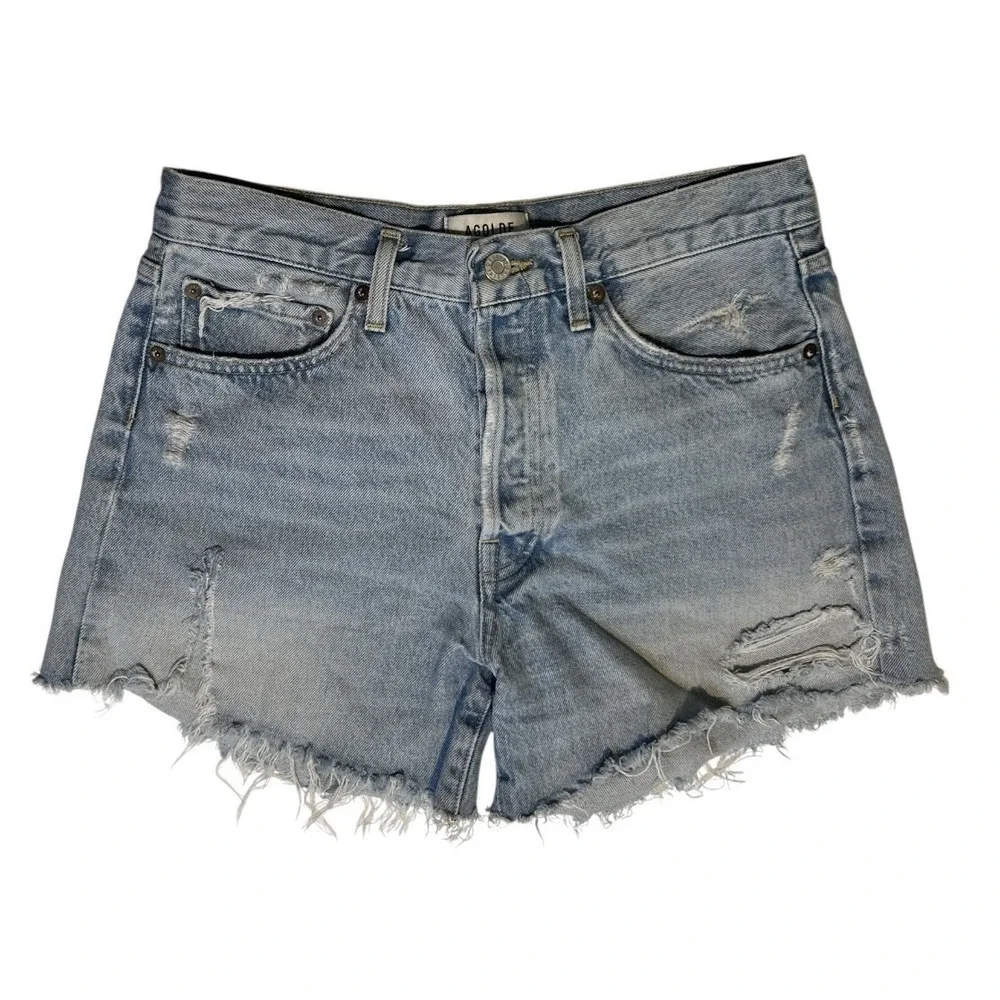AGOLDE Parker Blue Denim Shorts sz 27 Buttonfly Cut-off Distressed 100% Cotton
